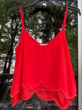 Orange Red Beaded Scallop Hem cropped Spaghetti Strap Top